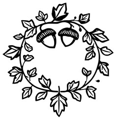 Black and White Acorn Wreath: A Circular Illustration of Acorns and Leaves.