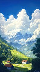 Majestic mountains rise above lush green valleys under a bright sky filled with vibrant clouds during a sunny day. Generative AI