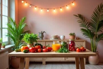 A table of fresh produce and homemade preserves, illuminated by warm string lights in a cozy kitchen setting.