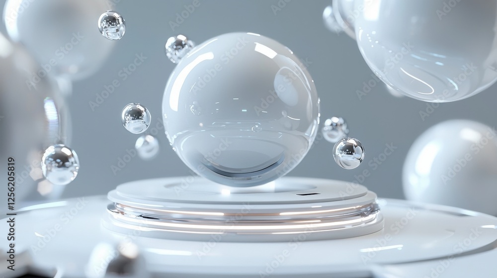Poster a white sphere surrounded by many other spheres, creating a sense of movement