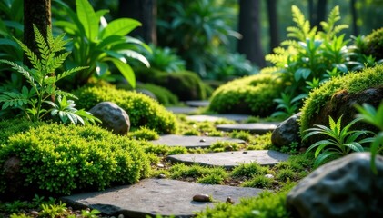 A lush carpet of moss and ferns on a stone floor, mossy stones natural stone, wood grain, garden decor