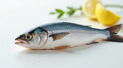 Obraz premium A Freshly Caught Silver Fish with Lemon Slices and Greenery on a White Surface