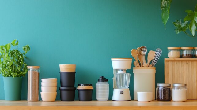 A kitchen countertop with various green and beige containers, a wooden cutting board, utensils in a holder, and fresh herbs. The scene is well-organized and aesthetically pleasing, showcasing practica