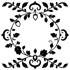 Decorative floral element with a leafy design, a delicate border, and a central circular frame, adorned with an acorn-like motif.