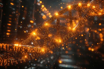 Floating glowing dna strand abstract laboratory high fidelity visualization digital environment close-up biotech concept