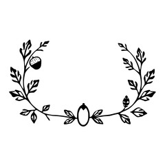 Fototapeta premium Black ink floral wreath with acorn and simple oval illustration.
