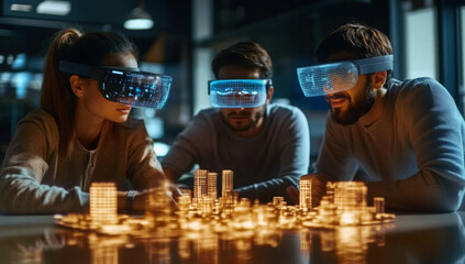 Diverse team of engineers wearing ar glasses and interacting with holographic interface, analyzing and planning smart city infrastructure in a dark technological office