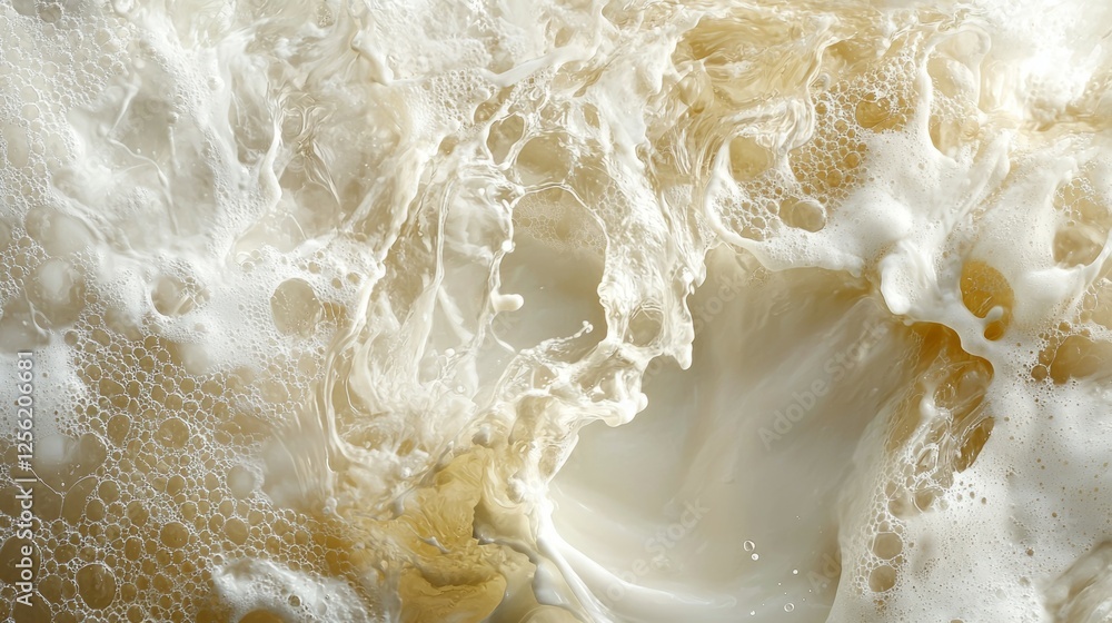 Poster dynamic swirls of foam and bubbles in ocean waves close-up
