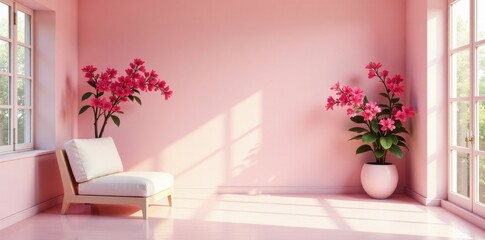 Serene Pink Room Interior Design with Modern Chair and Blooming Flowers in Pots