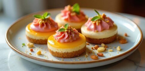 Delightful Mini Cheesecakes Topped with Pink Swirl and Zesty Glaze, Garnished with Nut Pieces and Fresh Herbs on a Light Plate