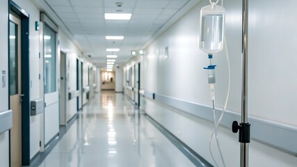 Quiet Sterile Hospital Hallway with IV Drip Stand – Healthcare Setting