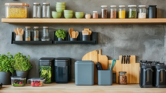 A kitchen countertop with various green and beige containers, a wooden cutting board, utensils in a holder, and fresh herbs. The scene is well-organized and aesthetically pleasing, showcasing practica