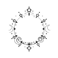 Celestial Frame: Black and white illustration of a star-studded ring of moons, crescents, and stars, set against a white background.