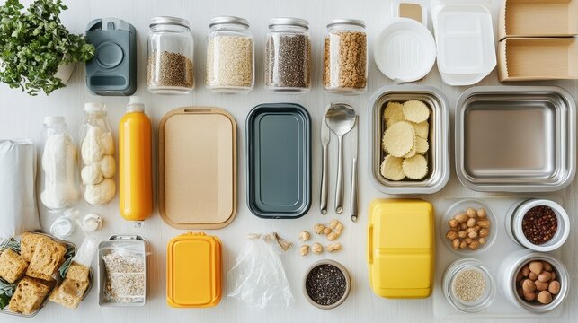 A kitchen countertop with various green and beige containers, a wooden cutting board, utensils in a holder, and fresh herbs. The scene is well-organized and aesthetically pleasing, showcasing practica