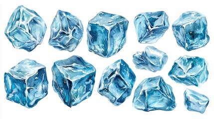 Watercolor Painting of Various Ice Cubes