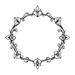 Circular frame border with stylized flowers and swirls in black and white.