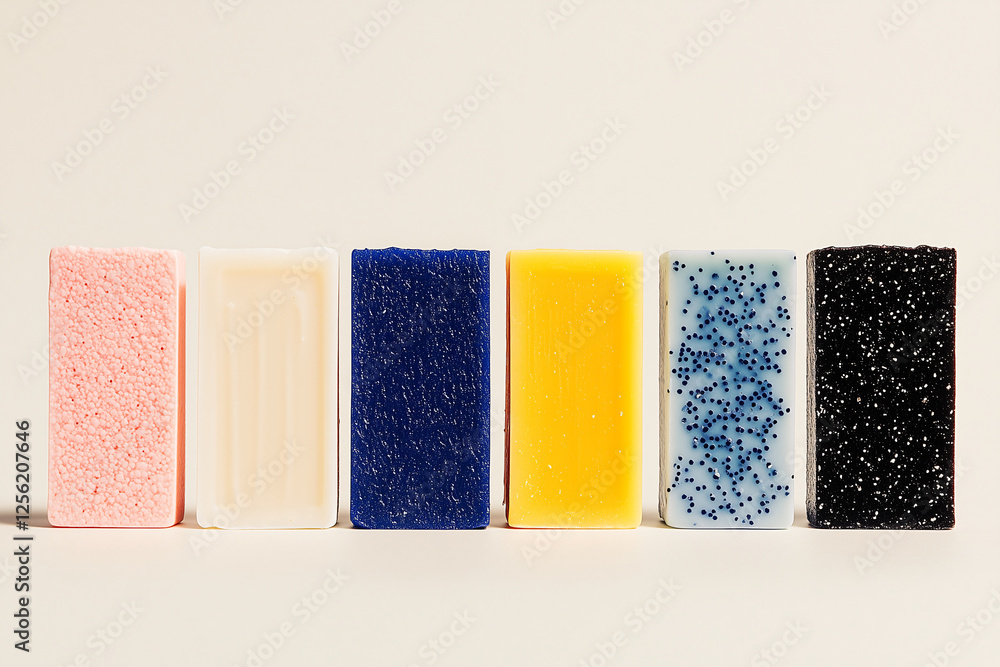 Poster a colorful collection of artisan soaps: six uniquely colored bars of handcrafted soap, each with a d