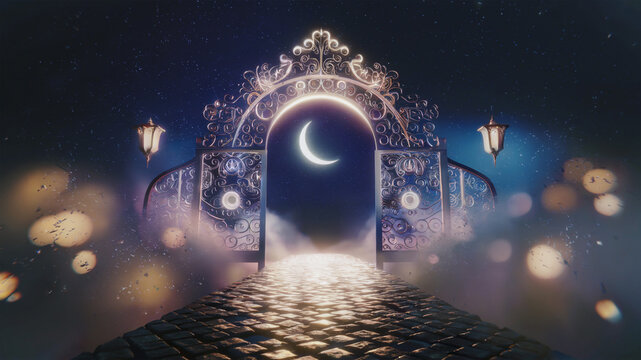 islamic ramadan greeting background with ornamental doors and crescent moon in the sky 