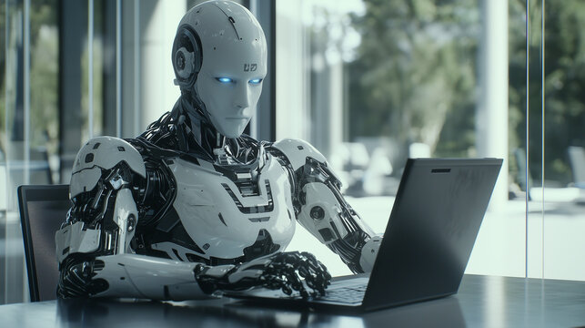 Cyborg robot tping at a laptop computer