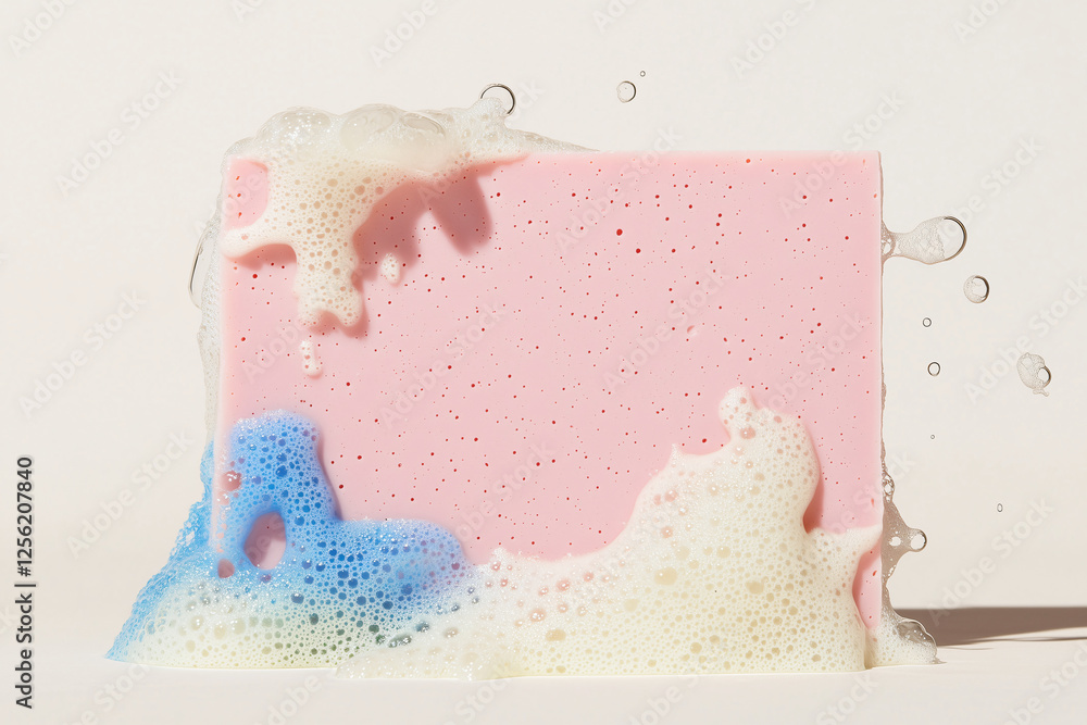 Poster pink soap bar with colorful bubbles: a close-up shot of a pink soap bar, with a cascading wave of co
