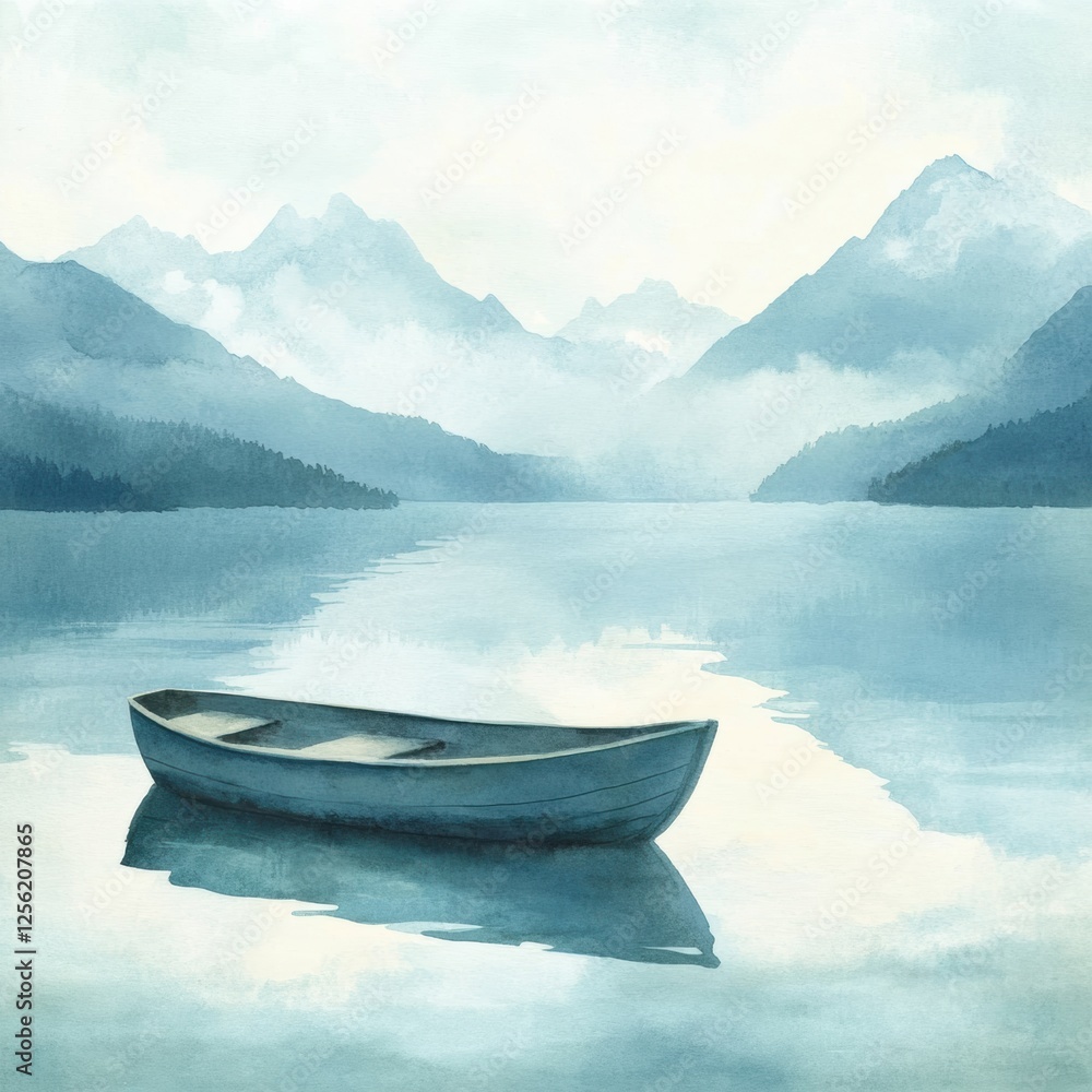 Poster calm mountain lake with a solitary rowboat reflecting tranquility and nature in serene watercolor. g