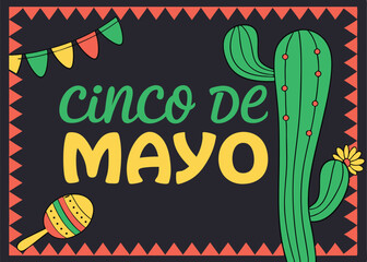 Fototapeta premium festive cinco de mayo celebration banner with colorful decorations, including a cactus, maracas, and bunting flags, perfect for holiday promotions and events.