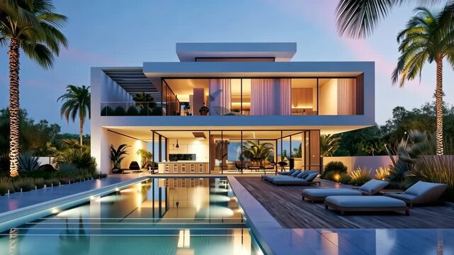Exterior of private house luxury villa. Modern architecture real estate with swimming pool.