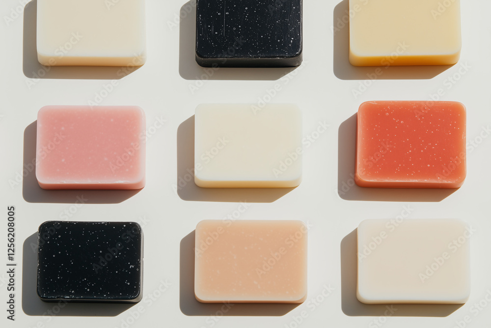 Poster a palette of soaps: a collection of nine artisan soap bars, each in a unique color, are arranged in 