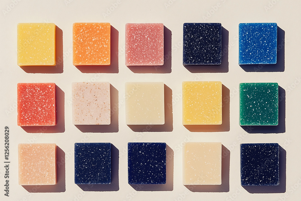 Poster colorful square soap bars: a collection of colorful square soap bars with varying textures and shade