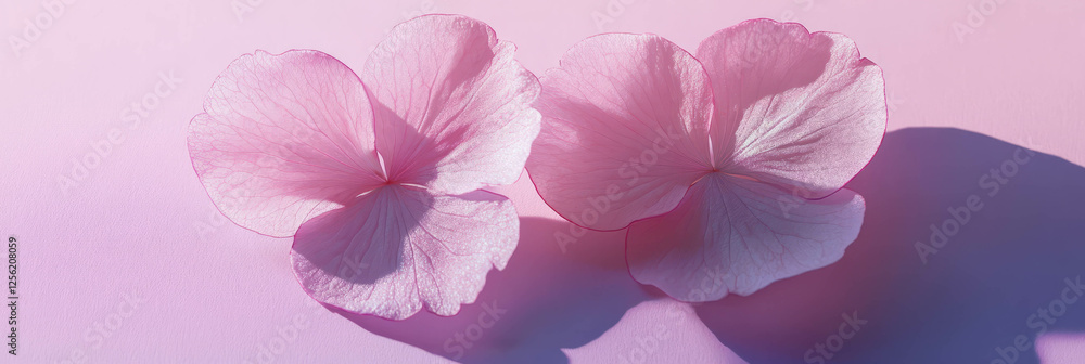 Poster two overlapping sakura petals on a bright violet background with soft shadows