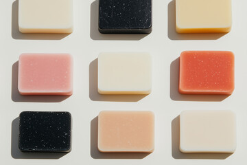 Fototapeta premium A Palette of Soaps: A collection of nine artisan soap bars, each in a unique color, are arranged in a neat grid, casting delicate shadows on the surface they rest upon. The variety of hues.