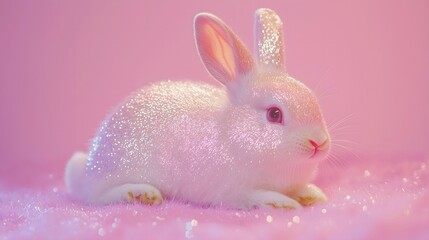 The iridescent bunny lies down on a glittery pink surface on a pastel pink background. Easter, aesthetic concept.