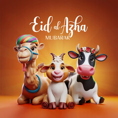 Fototapeta premium eid ul azha mubarak text with cute cow camel and goat with orange background