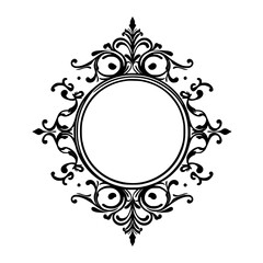 Black and white decorative symmetrical frame with ornate flourishes, centered round blank space, on white.
