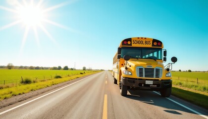 Bright yellow school bus parked on rural road under sunny clear blue sky