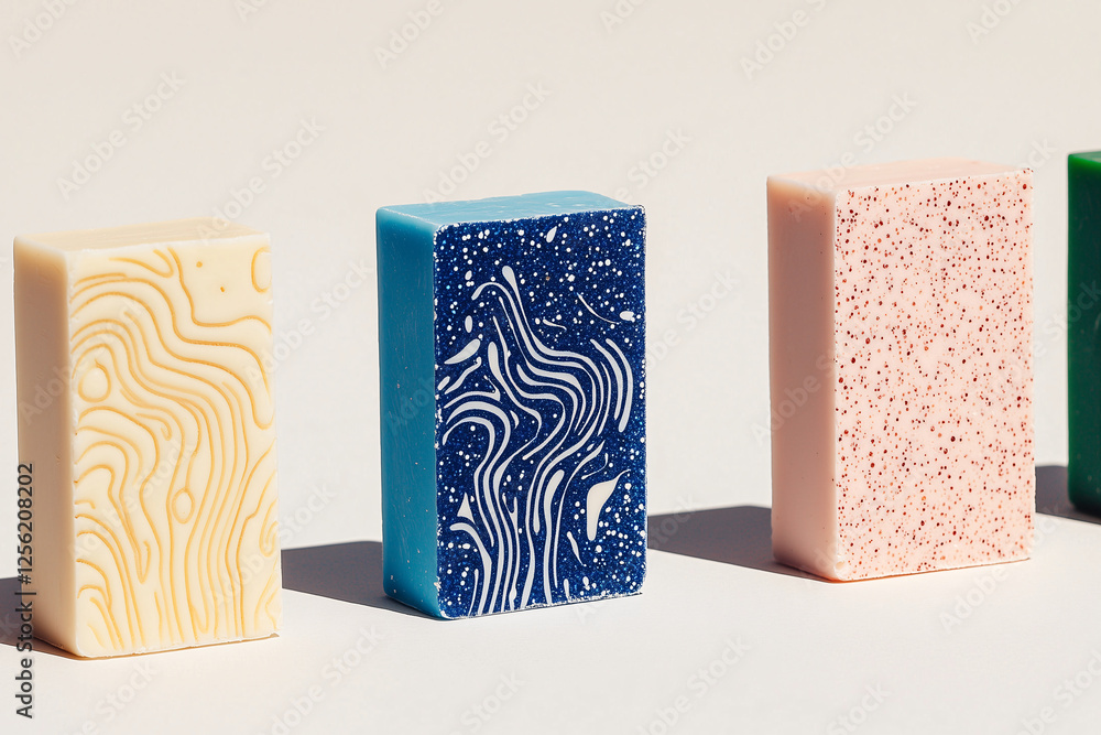 Poster artisan soap collection: four uniquely designed bars of handcrafted soap, each with a distinct patte