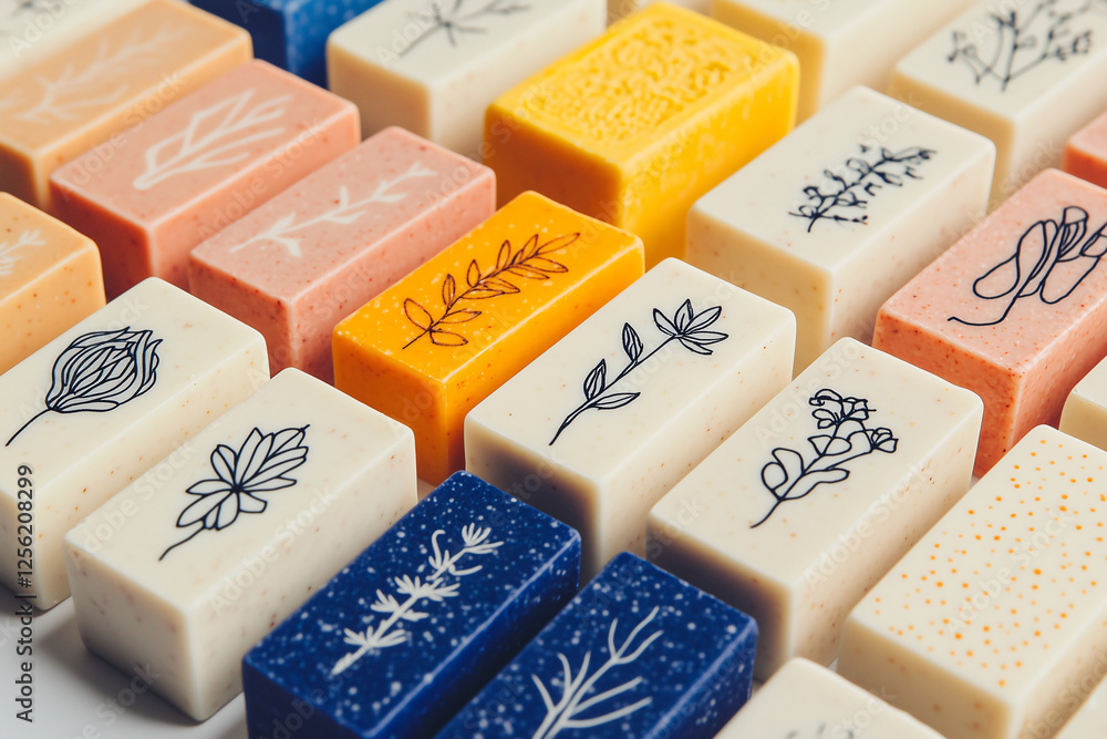 Poster botanical bath soaps: a collection of artisan soaps featuring delicate botanical line drawings on va