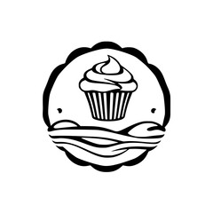 Black and White Cake Logo. Cupcake in a scalloped frame, simple lines, minimalist design.