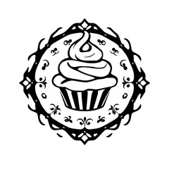 Elegant Black and White Cupcake Emblem with Floral Border