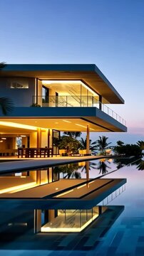 Exterior of private house luxury villa. Modern architecture real estate with swimming pool.