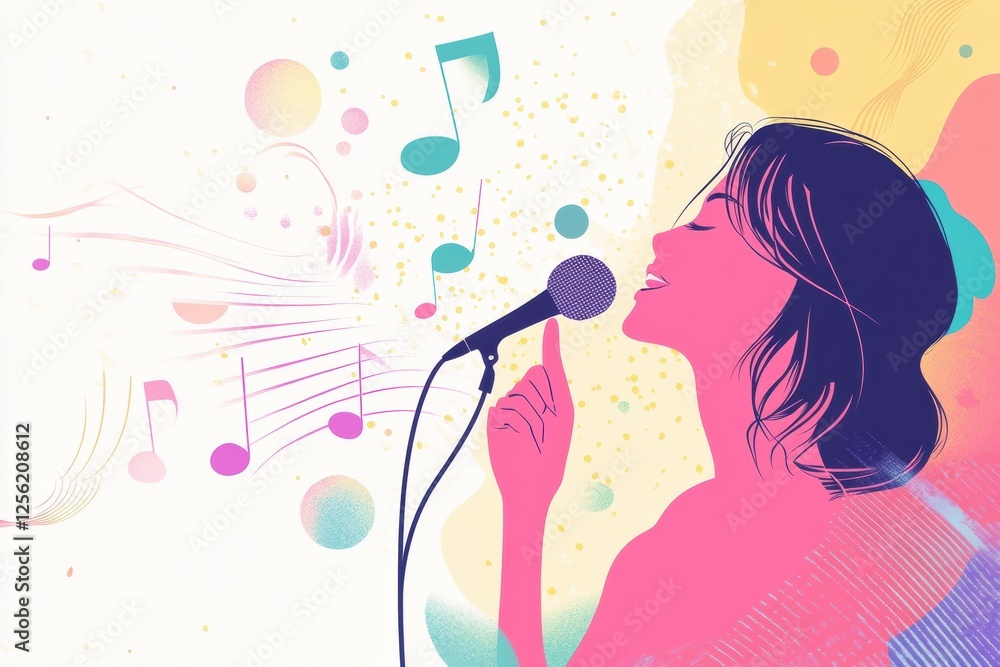 Poster colorful minimalist k pop inspired background with music notes and a microphone showcasing a singer 