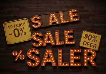 Fototapeta premium Vintage illuminated sale signs retro lighted promotional boards with rustic appeal transparent background