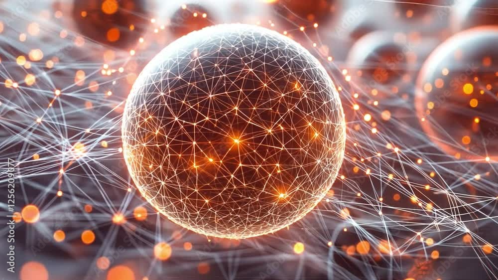 Poster Interconnected Sphere: A glowing sphere pulsates with energy, interconnected with a web of luminous lines and nodes.