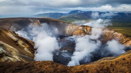 Obraz premium Aerial view of a volcanic crater stunning landscape with steaming vents and geological forces