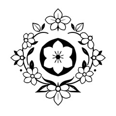 Black-and-white floral medallion with a central black-and-white design, and floral details around the edges, in a repeating pattern.