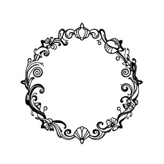 Black Floral Frame Ornament on White Background, Circular, Swirls, Leaves, Flowers, Curves.