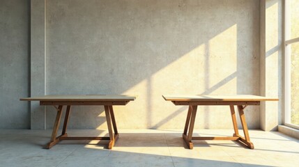 Sunlight illuminates two simple wooden tables against a textured wall in a minimalist room
