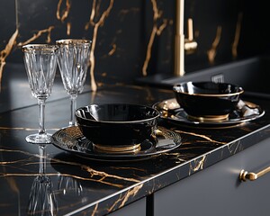 Black marble countertop with gold-rimmed bowls and glasses.