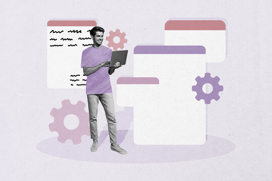 Composite sketch design artwork 3D photo collage of young man stand type laptop internet research vacancy workspace professional job hr