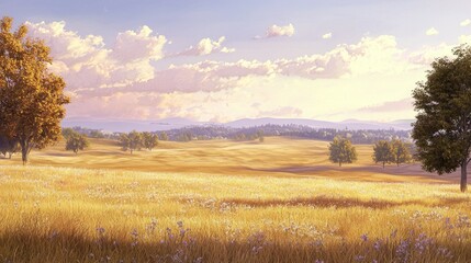 Fototapeta premium Serene Landscape with Lush Fields and Dramatic Sky at Sunset
